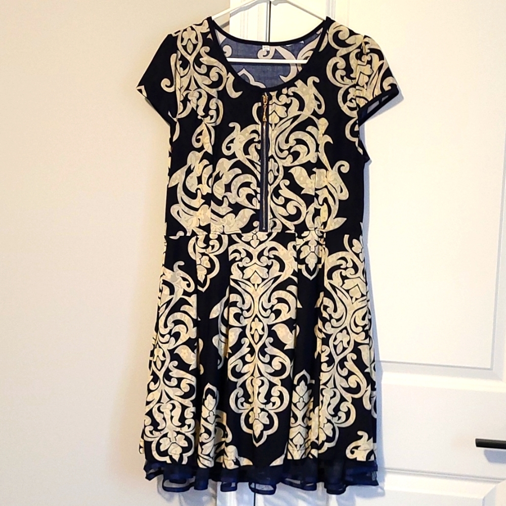 Ladies Dress / tunic , size Xl, blue and gold with a mesh ruffle beneath,